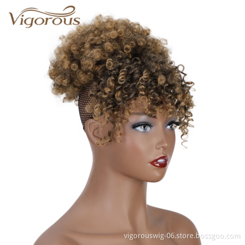 Vigorous New Design Best Selling Short Fluffy Elastic Hairpiece With Bangs Kinky Curly For Black Women Synthetic Afro Hair Bun